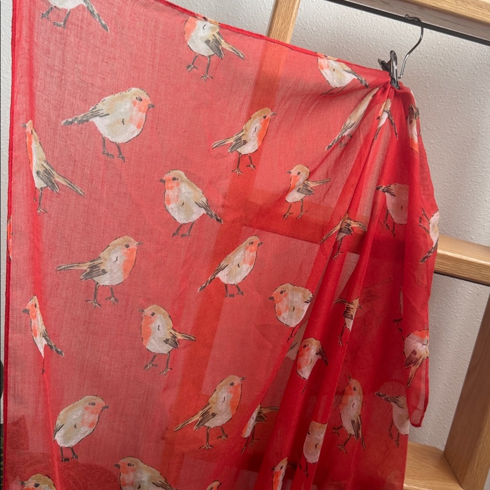 NWOT Irelands Erin Knitwear in County Cork Watercolour Robin Scarf Red - Picture 6 of 6